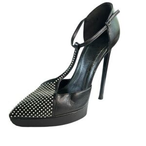 Saint Laurent Janis Black Studded Platform T-Strap Stiletto Pumps EU 37